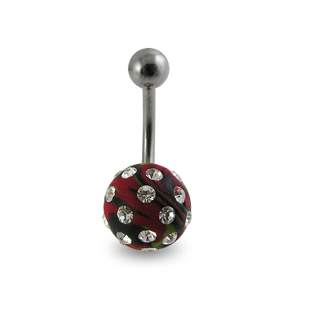 Red Colored Hand Painted Crystal Ball SS Bar Navel Ring