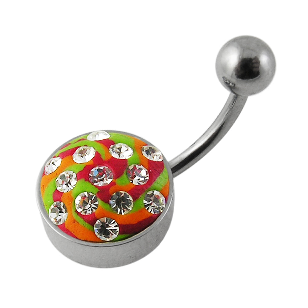 Multi Color painted Crystal Banana Bar Belly Ring with Steel Base
