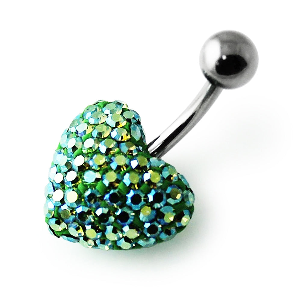 Green Glitter Crystal Stone Heart Belly Ring With SS Bar