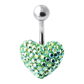 Green Glitter Crystal Stone Heart Belly Ring With SS Bar