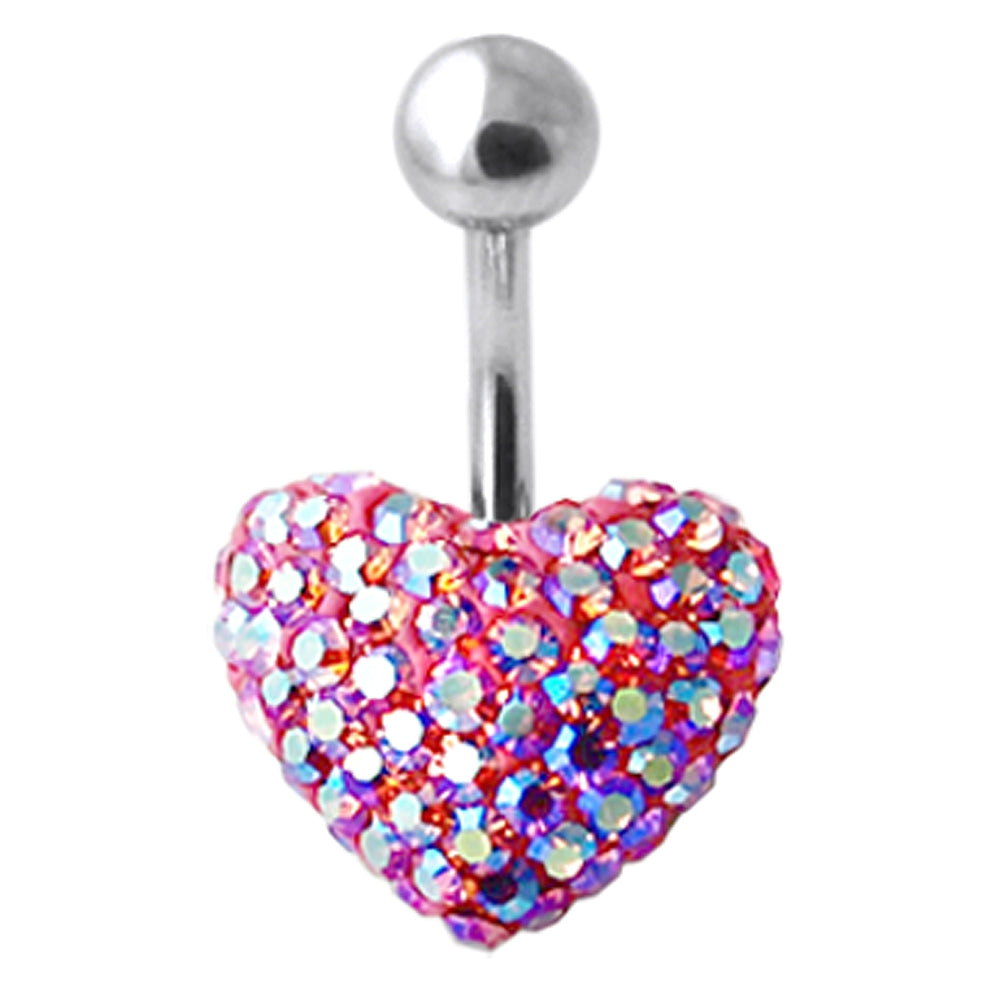 Red Crystal Stone Cherry Heart With Curved Bar Belly Ring