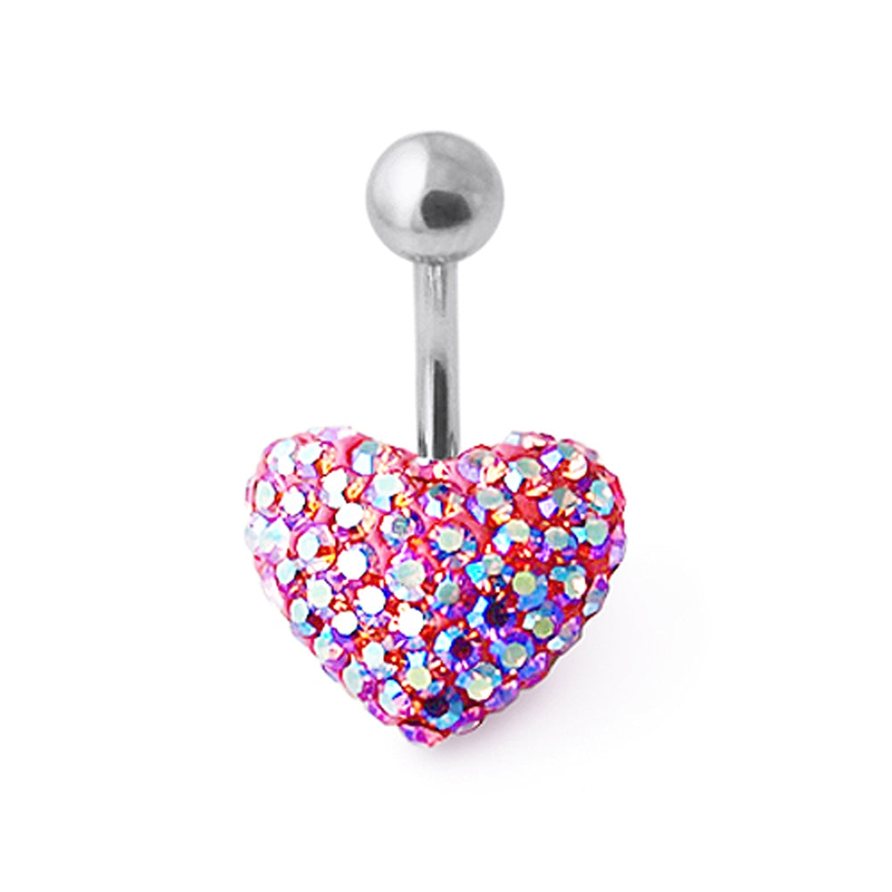 Red Crystal Stone Cherry Heart With Curved Bar Belly Ring