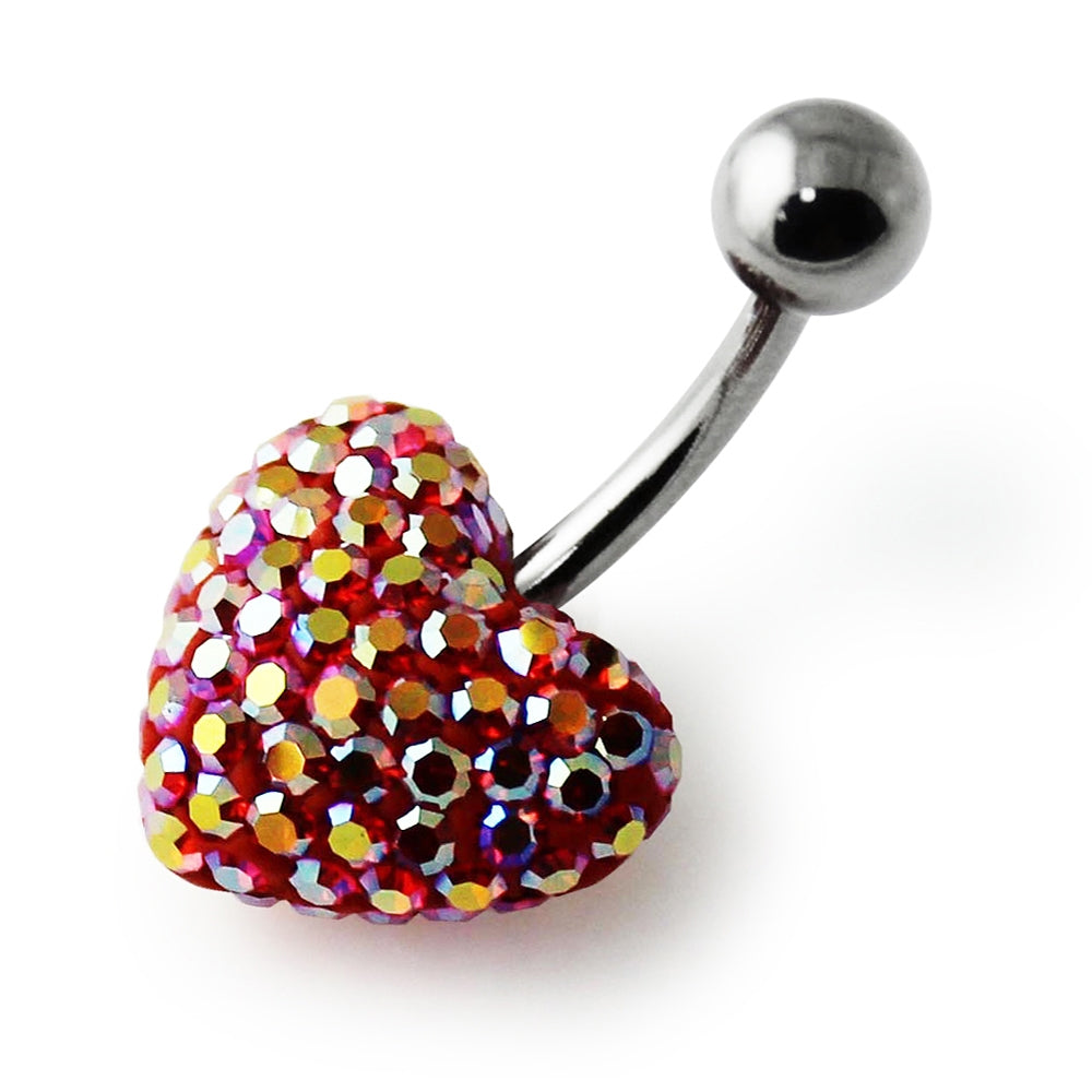 Red With White Crystal stone Heart SS Curved Bar Belly Ring FDBLY633