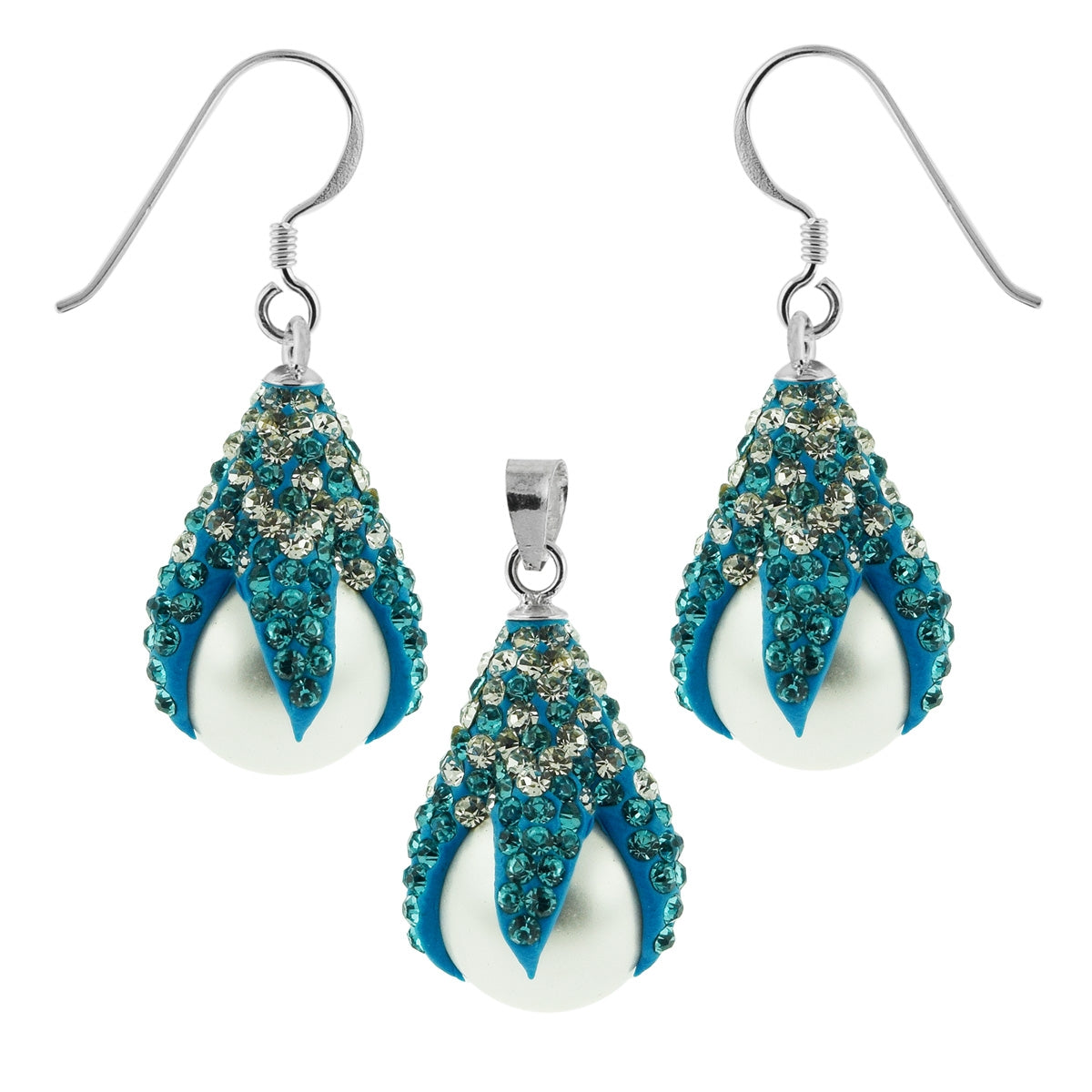 Multi Aqua Crystals Dragon Claw Setting over Synthetic Pearl 925 Sterling Silver Set Jewelry