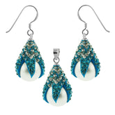 Aqua and White Crystals Dragon Claw Setting over Synthetic Pearl 925 Sterling Silver Set Jewelry