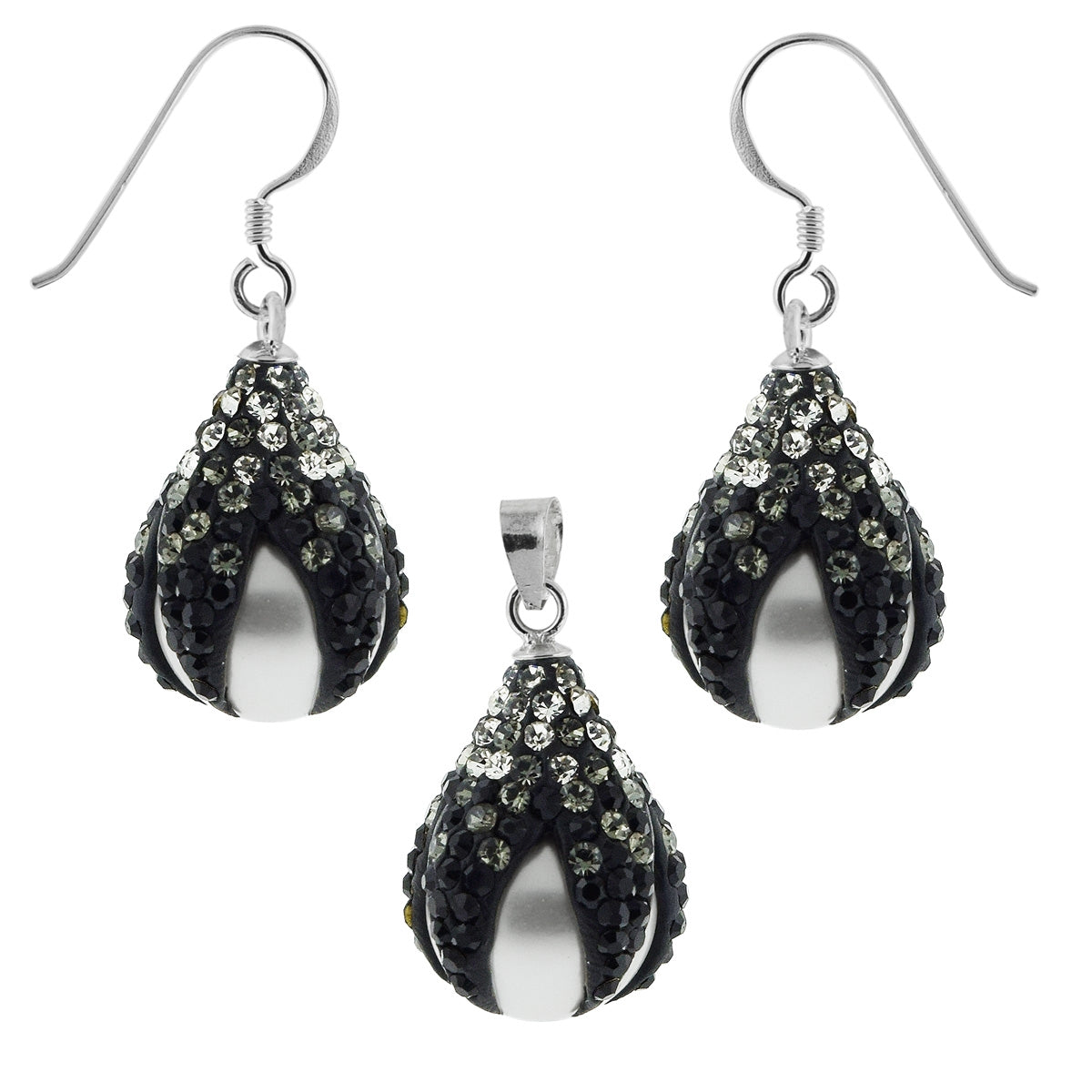 Multi Black Crystals Dragon Claw Setting over Synthetic Pearl 925 Sterling Silver Set Jewelry