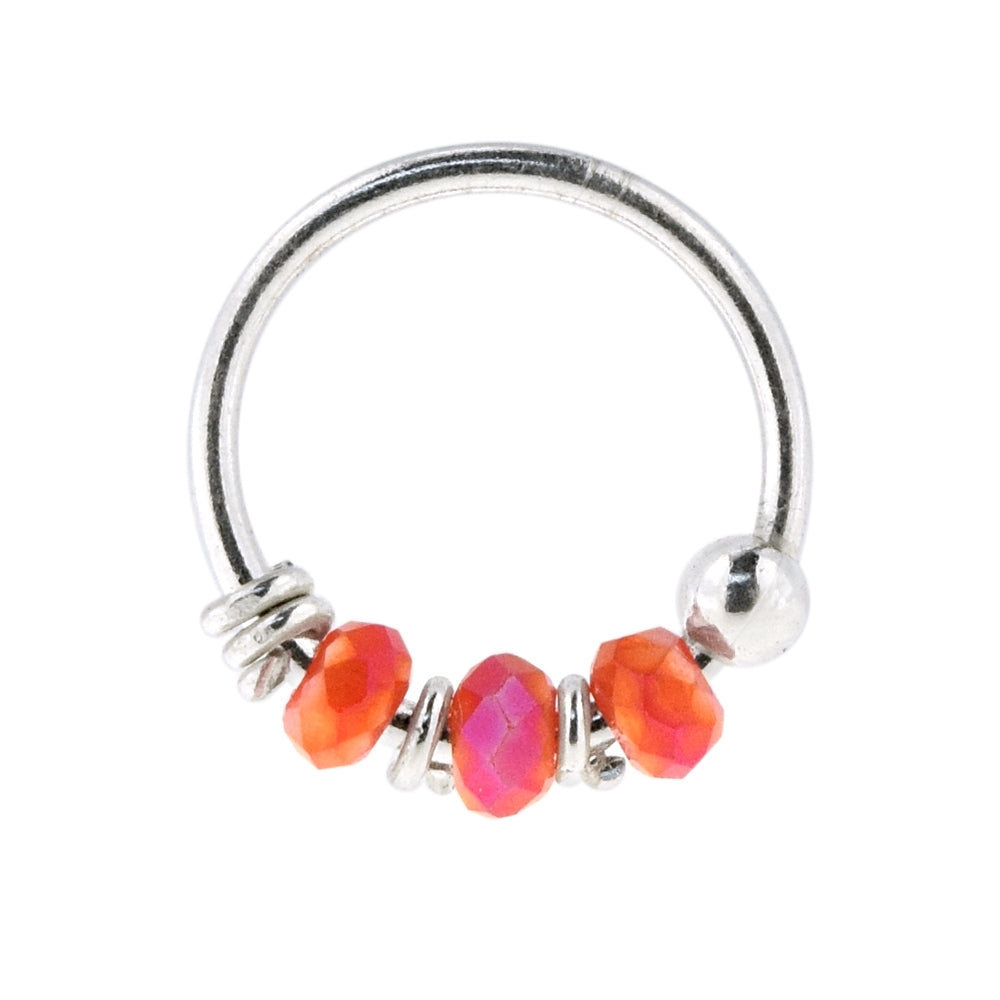925 Sterling Silver Pink and Red Bead Nose Hoop Ring