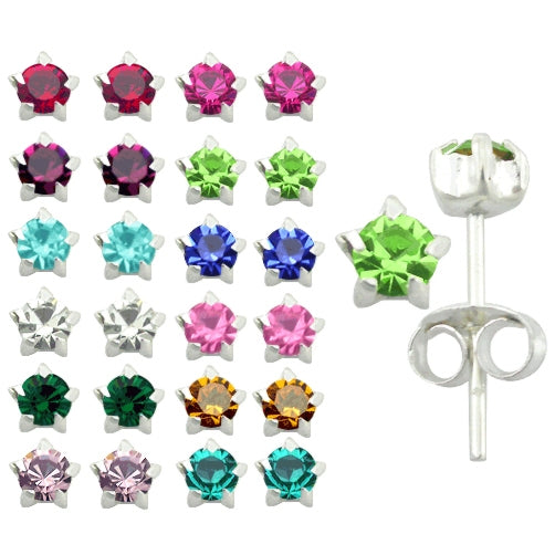 Mix Color 3mm Birth Stone Silver Earring Stud in a 12 pair Tray HOT12ES054