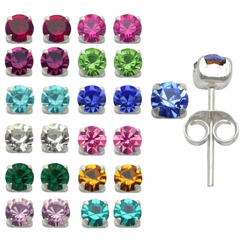 Sterling Silver 4mm Ear piercing Earrings studs 12 pair Mixed Birth Stones