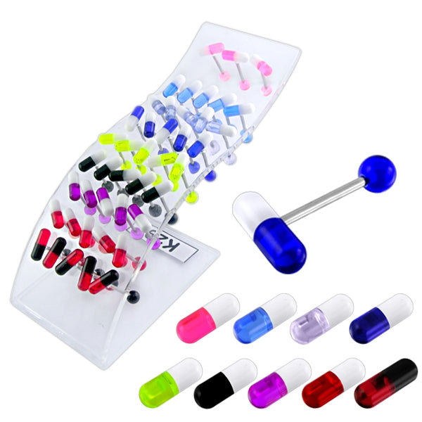 UV Dice SS Tongue Barbell in a Wave display