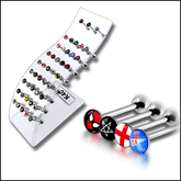 SS Tongue Barbell with Mix Logo collection in a Wave display