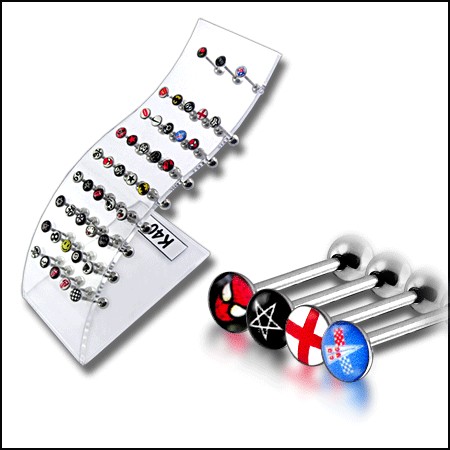 SS Tongue Barbell with Mix Logo collection in a Wave display