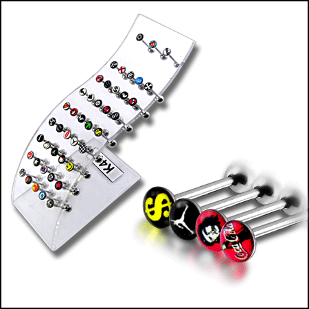 SS Tongue Chib Eyebrow Straight Barbell with Mix Logo collection in a Wave display K41