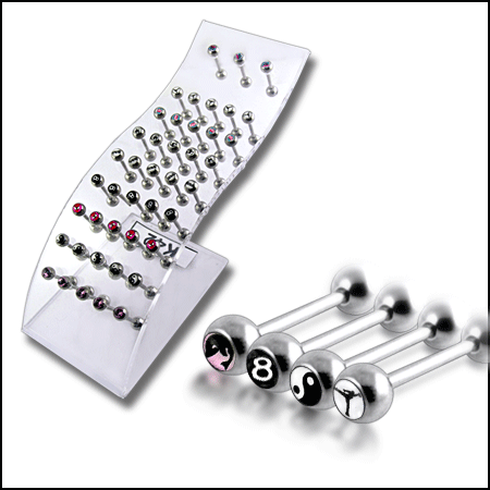 SS Tongue Barbell Body Jewelry with Mix Logo a Wave Display K42