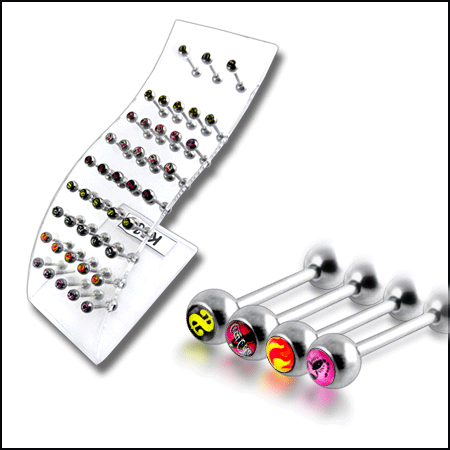 SS Tongue Barbell Wave Display with Mix Logo Collection K43