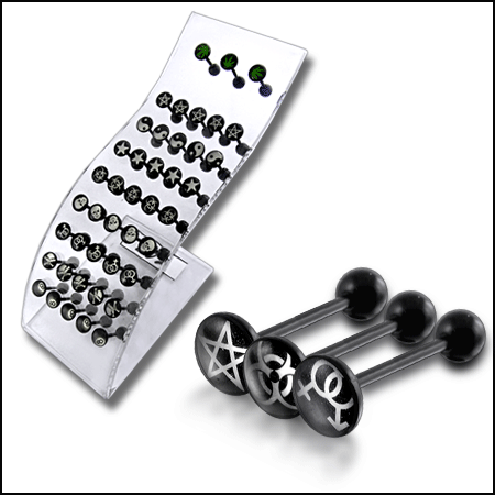 Bio Barbell Tongue Ring with Mix Logo Collection In a Wave Display