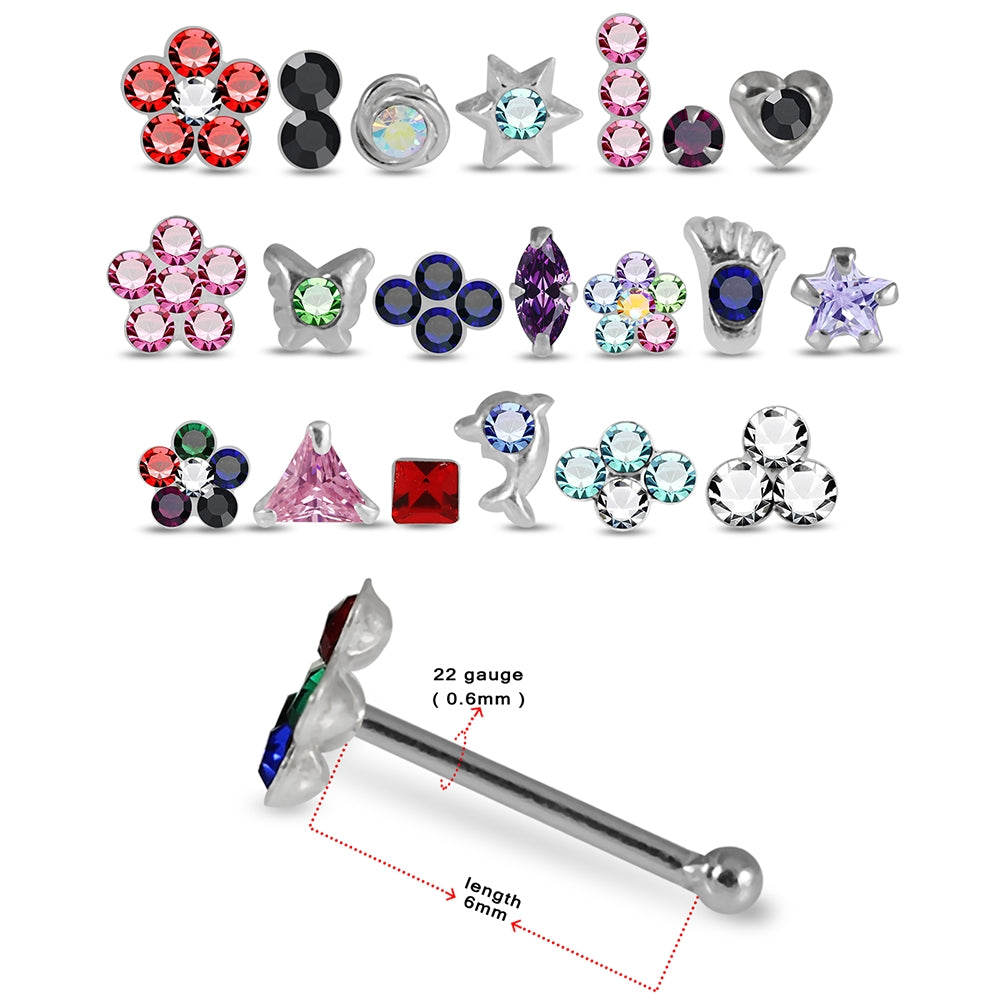 20 Mixed Designs 925 Sterling Silver Cubic Zirconia Nose Studs in Box
