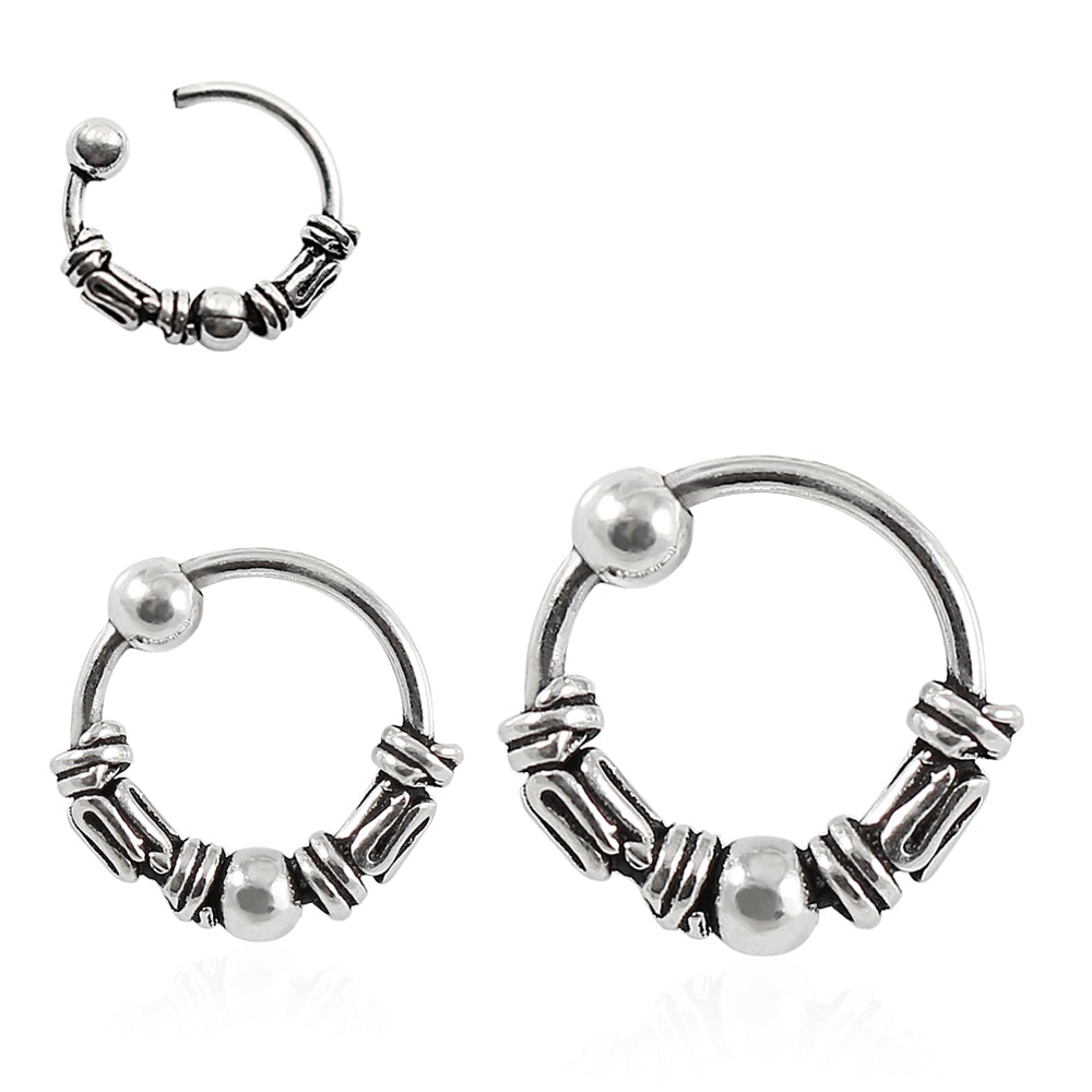 925 Sterling Silver Bali Style Oxidized Center Beaded Tribal Nose Ring