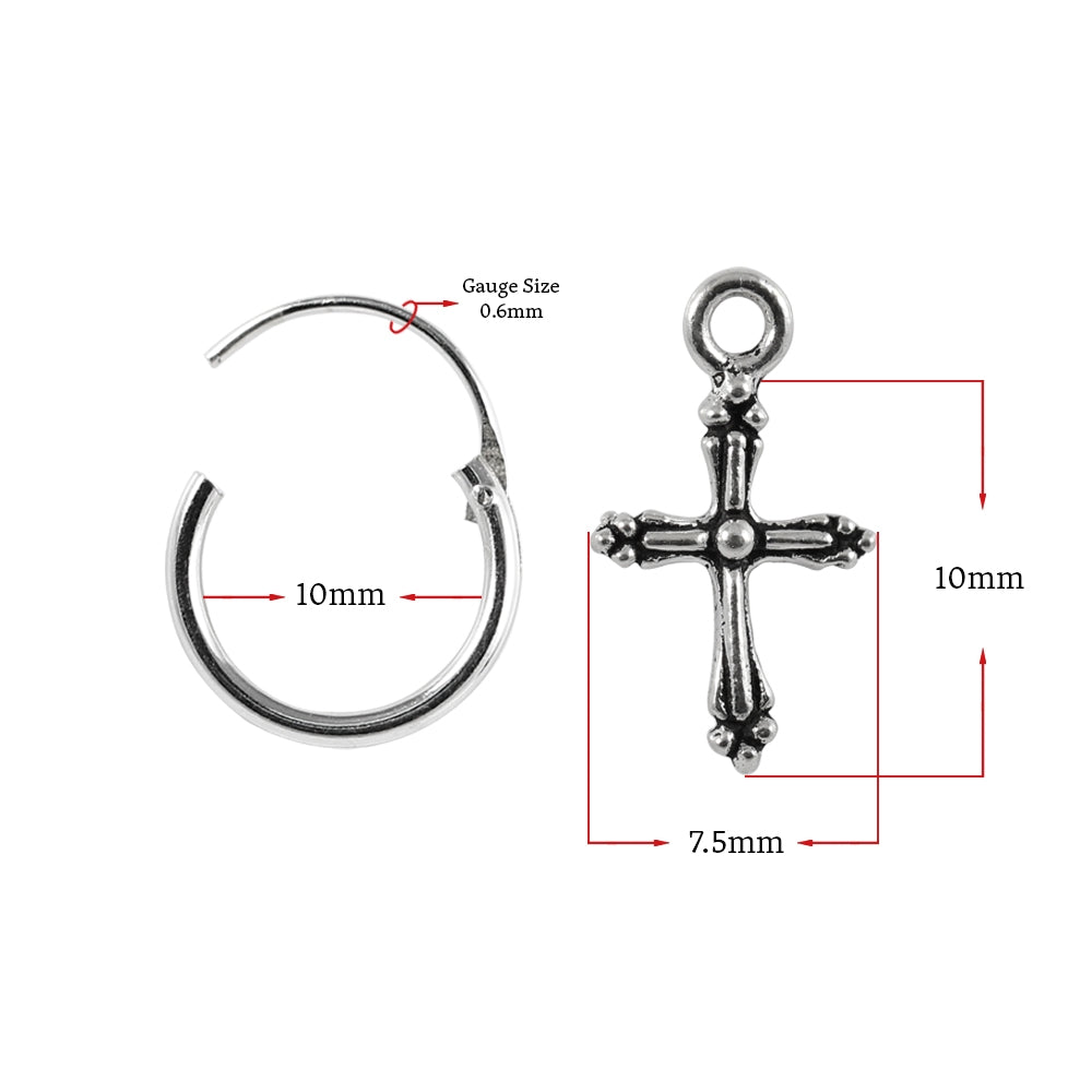 925 Sterling Silver Segment Hoop Ear Ring With Dangling Cross