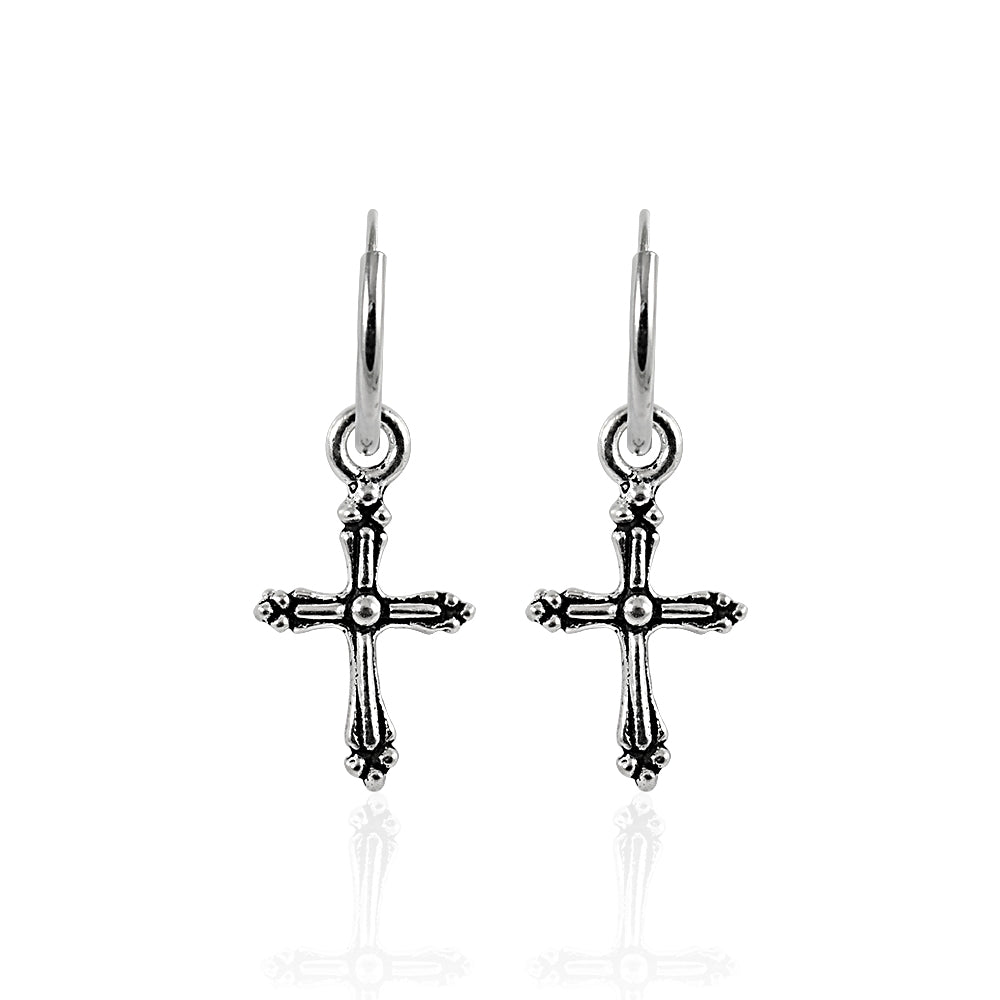 925 Sterling Silver Segment Hoop Ear Ring With Dangling Cross