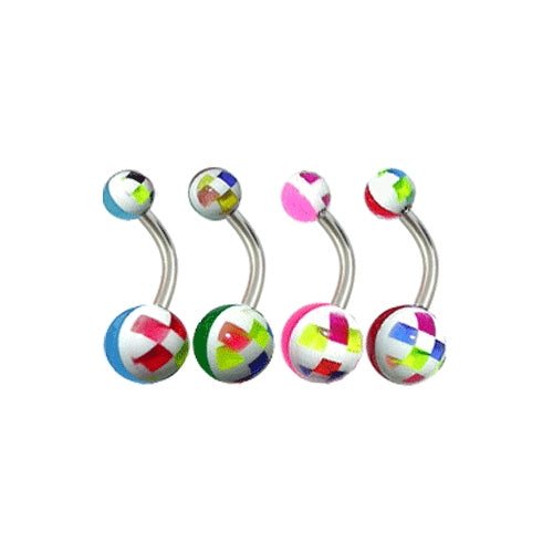 Assorted Checkered Fancy Acrylic Balls Belly Ring With Curved Bar