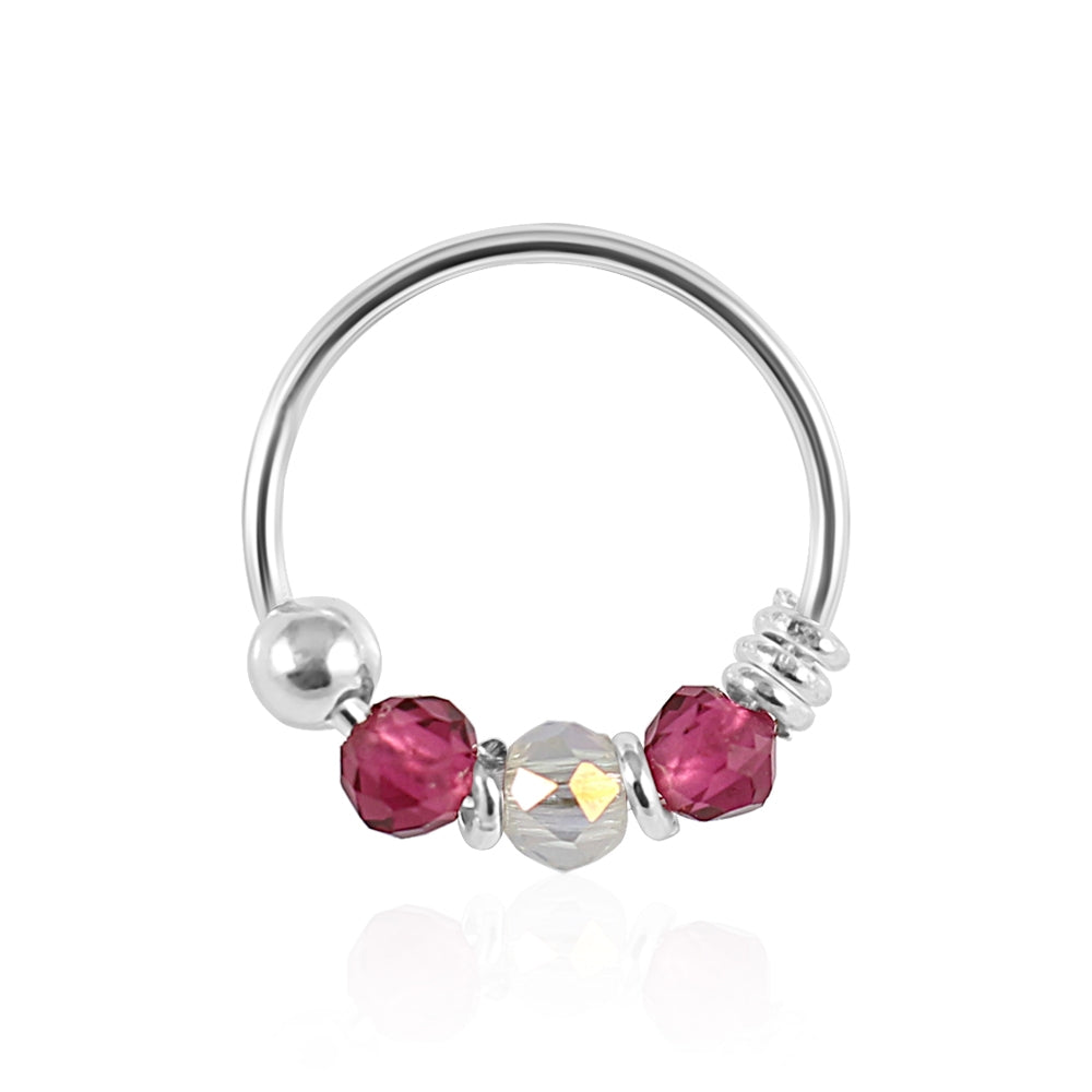 925 Sterling Silver Clear and Hot Pink Bead Nose Hoop Ring