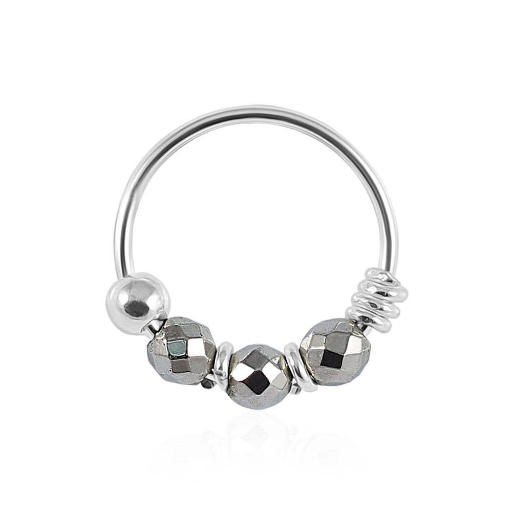 925 Sterling Silver Grey/Fossil Bead Nose Hoop Ring