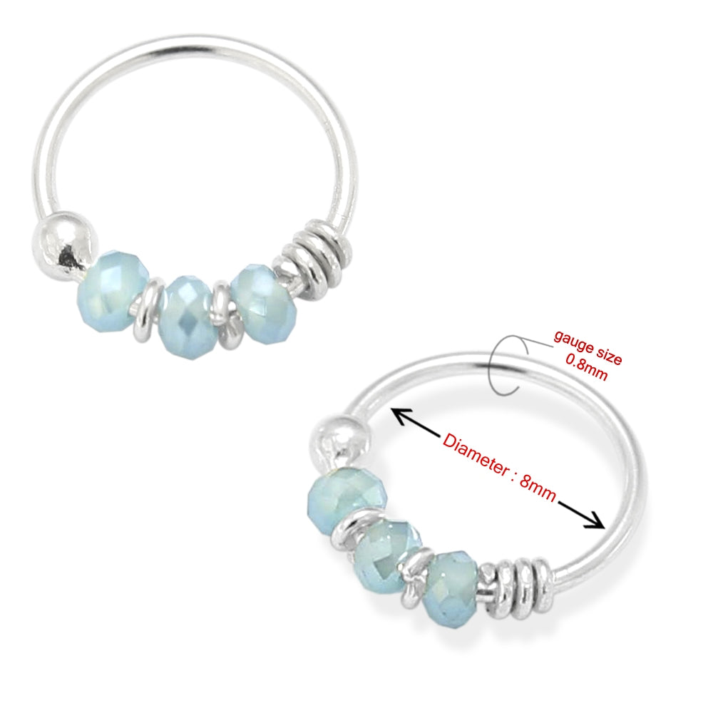 925 Sterling Silver Light Blue Bead Nose Hoop Ring