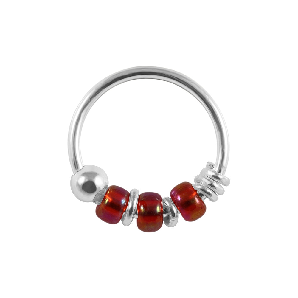 925 Sterling Silver Transparent Light Red Bead Nose Hoop Ring