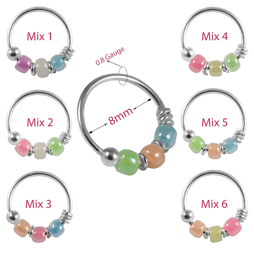 925 Silver Mix Color Bead Nose Hoop Ring