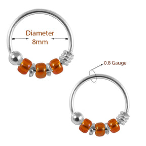 925 Sterling Silver Transparent Orange Bead Nose Hoop Ring