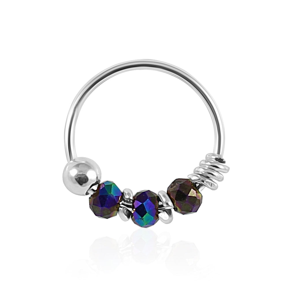 925 Sterling Silver Peacock Color Bead Nose Hoop Ring