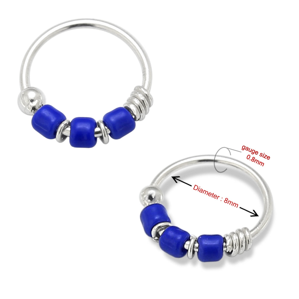 925 Sterling Silver Transparent Dark Blue Bead Nose Hoop Ring