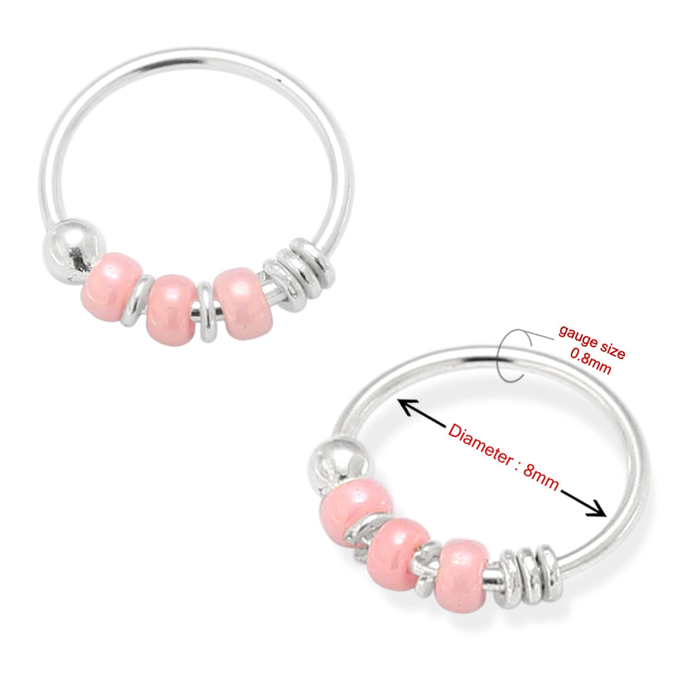925 Sterling Silver Transparent Pink Bead Nose Hoop Ring