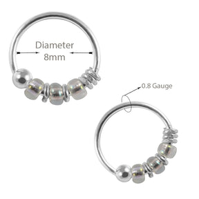 925 Sterling Silver Transparent Clear Bead Nose Hoop Ring
