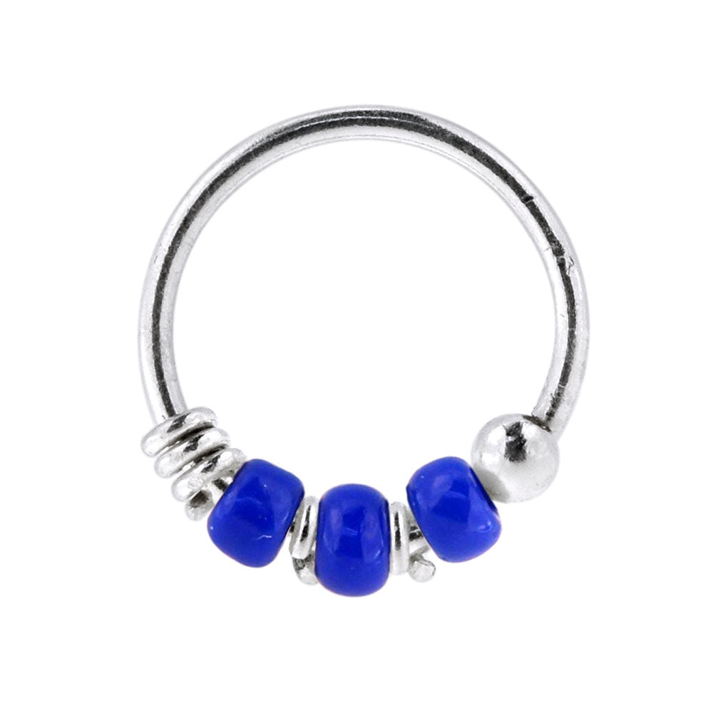 925 Sterling Silver Transparent Dark Blue Bead Nose Hoop Ring