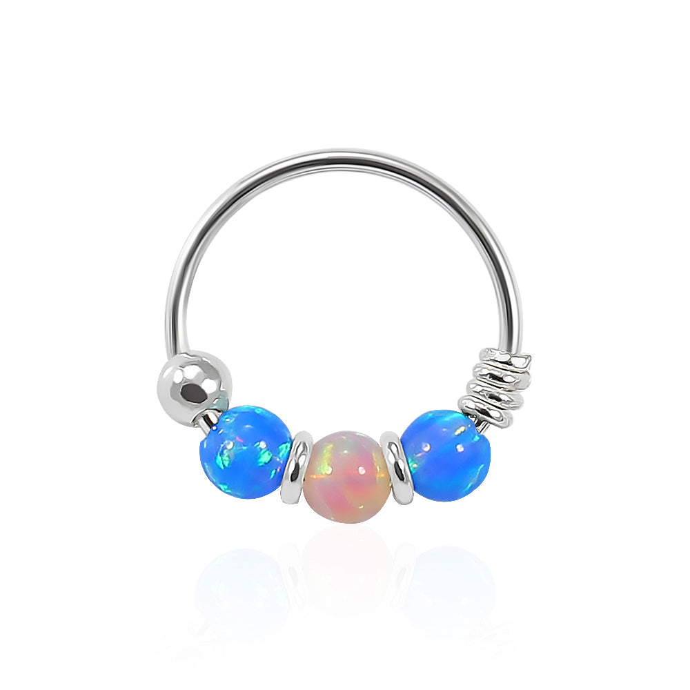 925 Sterling Silver Dark Blue with Pink Opal Bead in Center Nose Hoop Ring