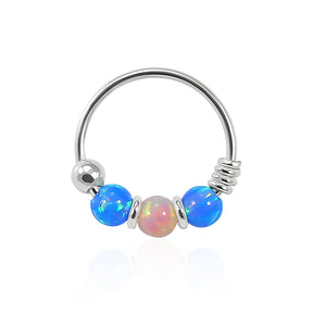 925 Sterling Silver Dark Blue with Pink Opal Bead in Center Nose Hoop Ring