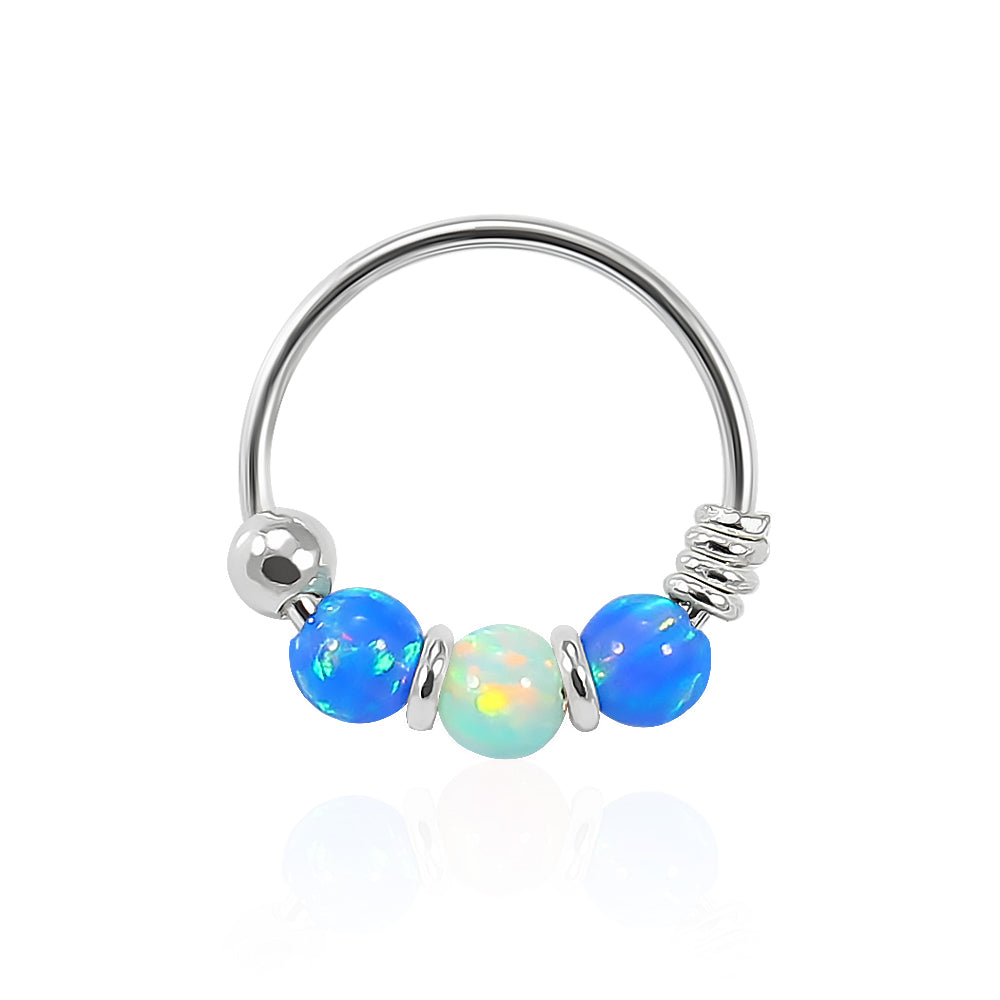 925 Sterling Silver Dark Blue with Light Green Opal Bead in Center Nose Hoop Ring
