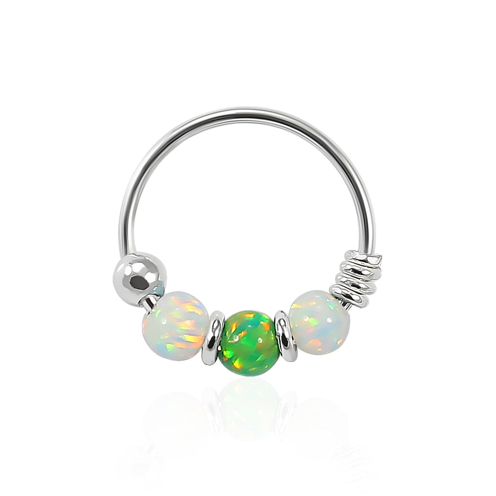 925 Sterling Silver AB with Green Opal Bead in Center Nose Hoop Ring