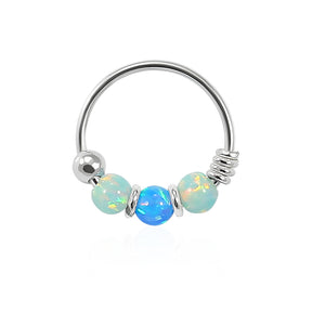 925 Sterling Silver Light Green with Dark Blue Opal Bead in Center Nose Hoop Ring