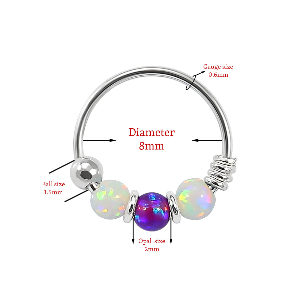 925 Sterling Silver AB with Purple Opal Bead in Center Nose Hoop Ring