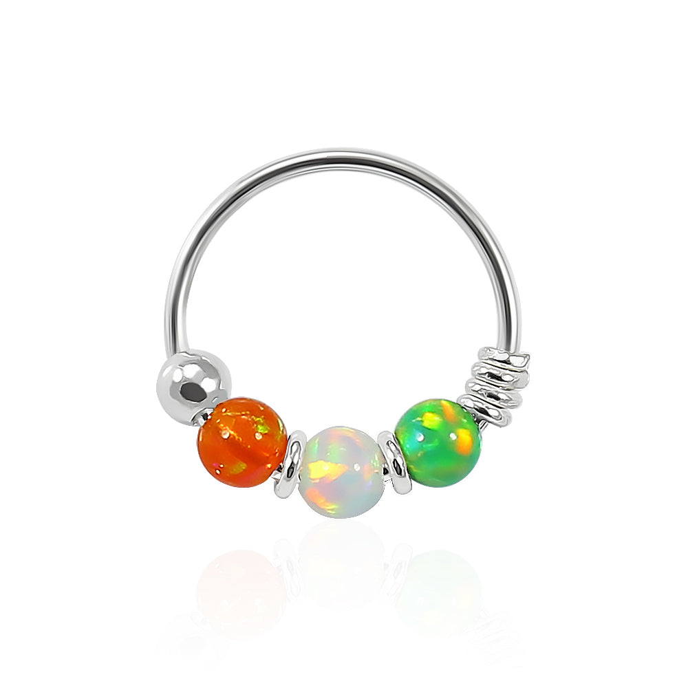 925 Sterling Silver Orange Green with AB Opal Bead in Center Nose Hoop Ring