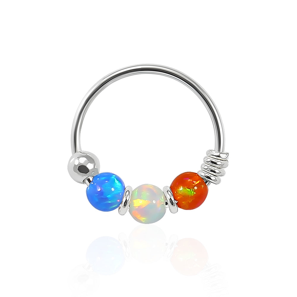 925 Sterling Silver Blue Orange with AB Opal Bead in Center Nose Hoop Ring