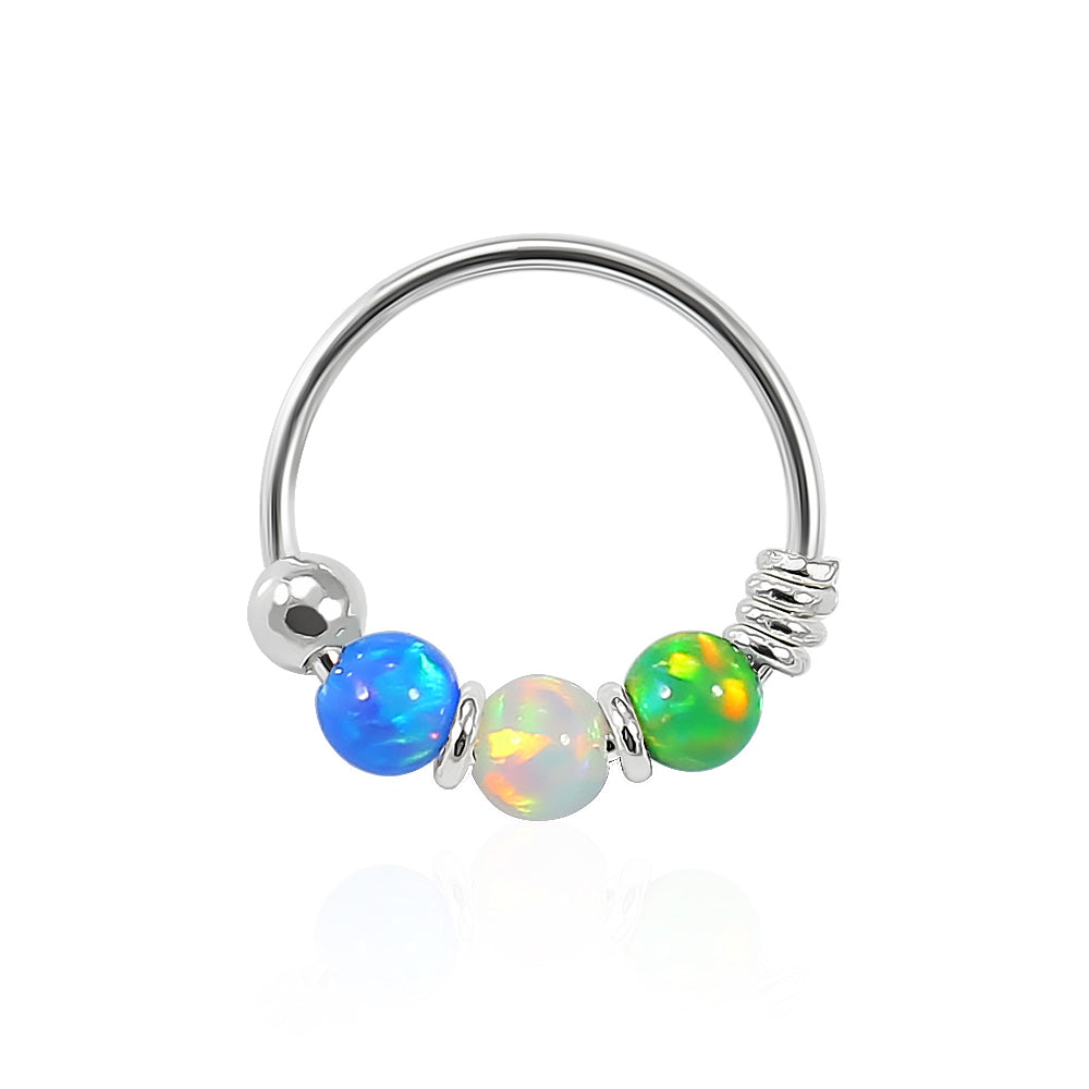 925 Sterling Silver Blue Green with AB Opal Bead in Center Nose Hoop Ring