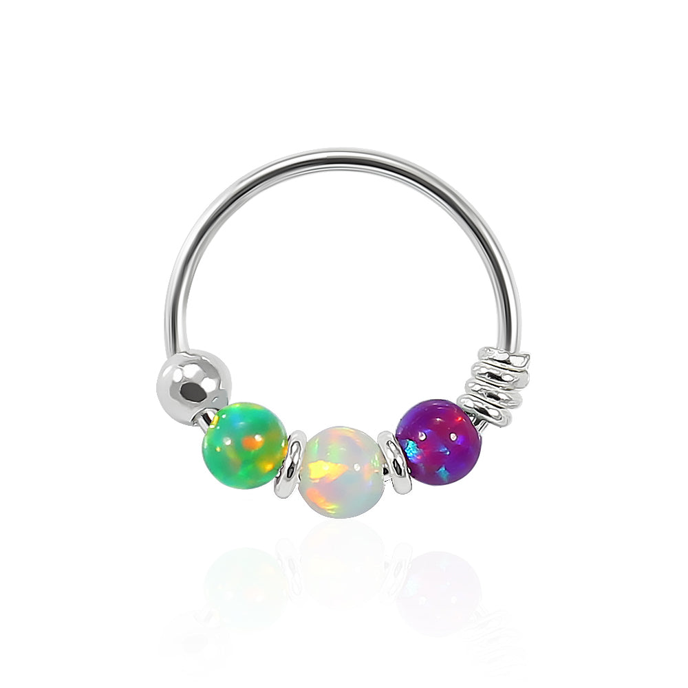 925 Sterling Silver Green Purple with AB Opal Bead in Center Nose Hoop Ring