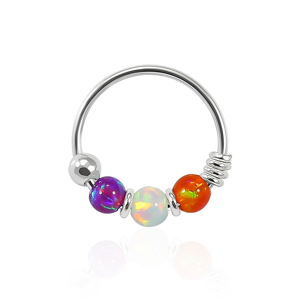 925 Sterling Silver Purple Orange with AB Opal Bead in Center Nose Hoop Ring
