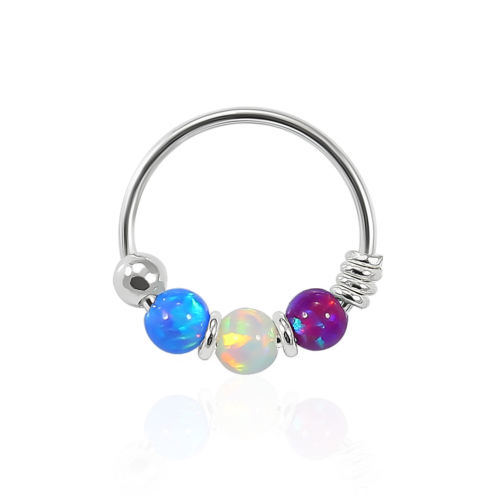 925 Sterling Silver Dark Blue Purple with AB Opal Bead in Center Nose Hoop Ring