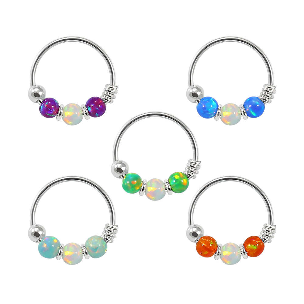 925 Sterling Silver AB Opal Bead in Center Nose Hoop Ring