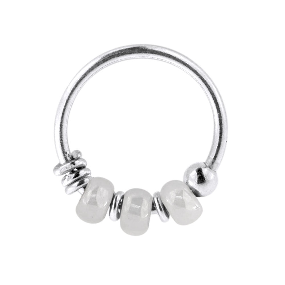 925 Sterling Silver Cream White Bead Nose Hoop Ring